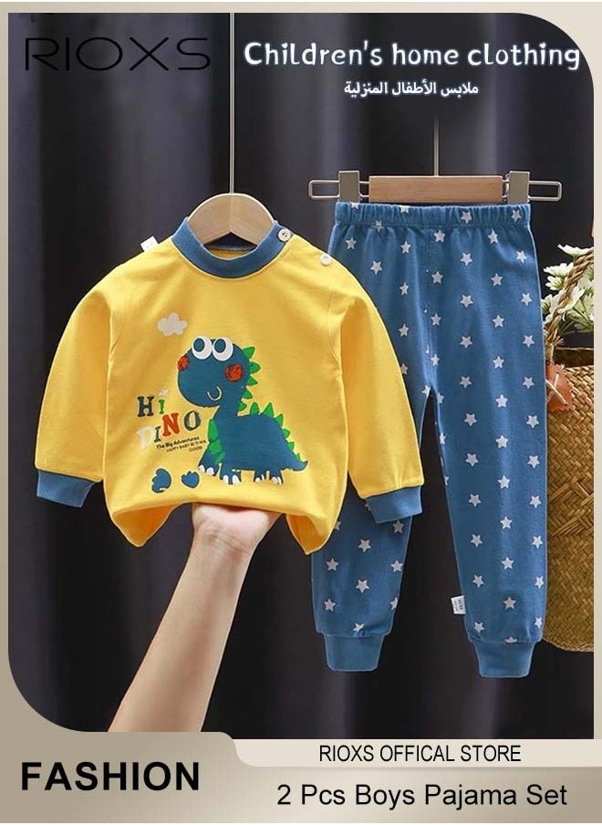 RIOXS - 2 Pcs Boys Pajama Set, Adorable Cartoon Suit, Comfortable Long Sleeve Sleepwear, Pure Cotton Nightwear for Toddler Boys, Suitable for Spring and Fall - Image 1