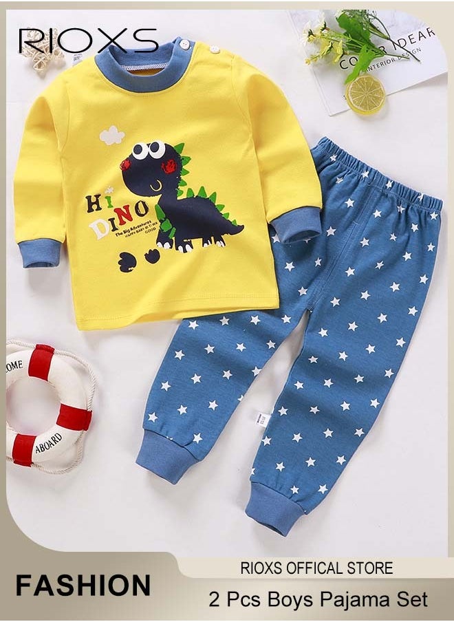 RIOXS - 2 Pcs Boys Pajama Set, Adorable Cartoon Suit, Comfortable Long Sleeve Sleepwear, Pure Cotton Nightwear for Toddler Boys, Suitable for Spring and Fall - Image 1