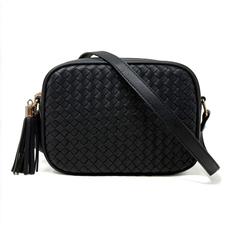 AFKOMST Woven Crossbody Bags for Women Small Summer Purse and Boho Cross Body Handbag with Tassel, Vegen Leather, Black - Image 1