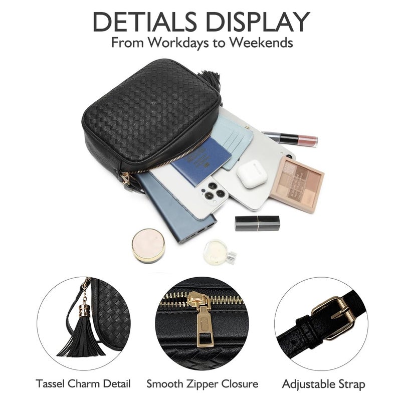 AFKOMST Woven Crossbody Bags for Women Small Summer Purse and Boho Cross Body Handbag with Tassel, Vegen Leather, Black - Image 5