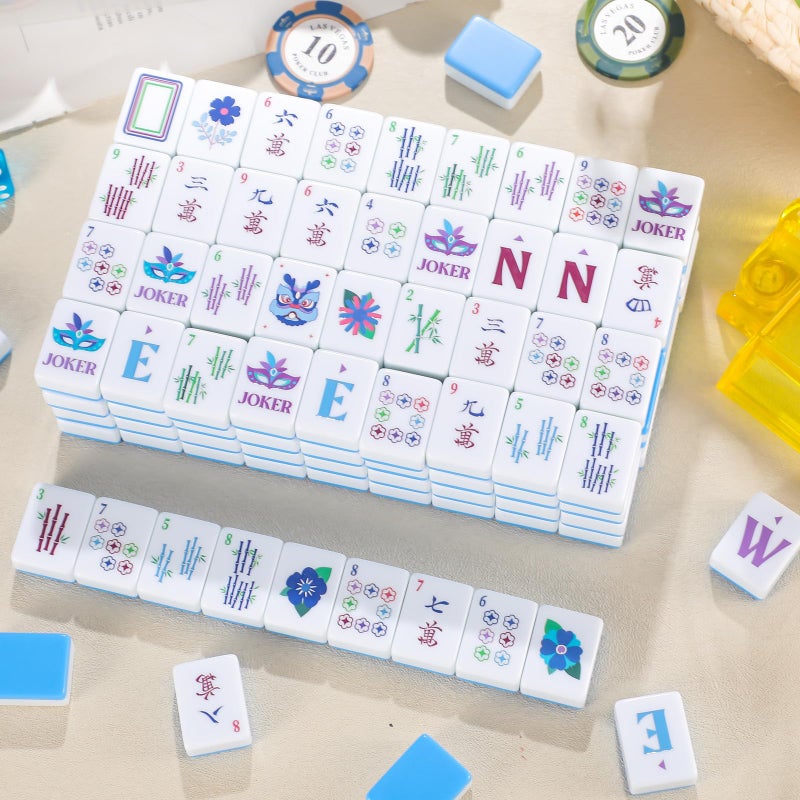 Arrowbash 160 Pcs American Mah Jong Set 1.2 x 0.87 Inches Blue Back Melamine Mini Mahjong Tiles, Carved Pattern for Adult Social Games, Mahjong Lovers, Beginners - Image 4