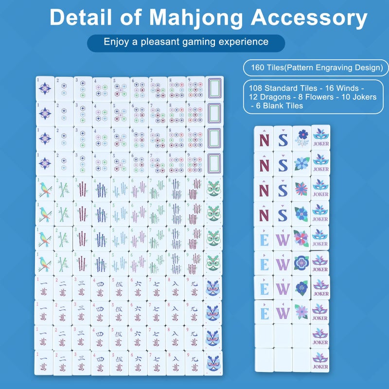 Arrowbash 160 Pcs American Mah Jong Set 1.2 x 0.87 Inches Blue Back Melamine Mini Mahjong Tiles, Carved Pattern for Adult Social Games, Mahjong Lovers, Beginners - Image 3