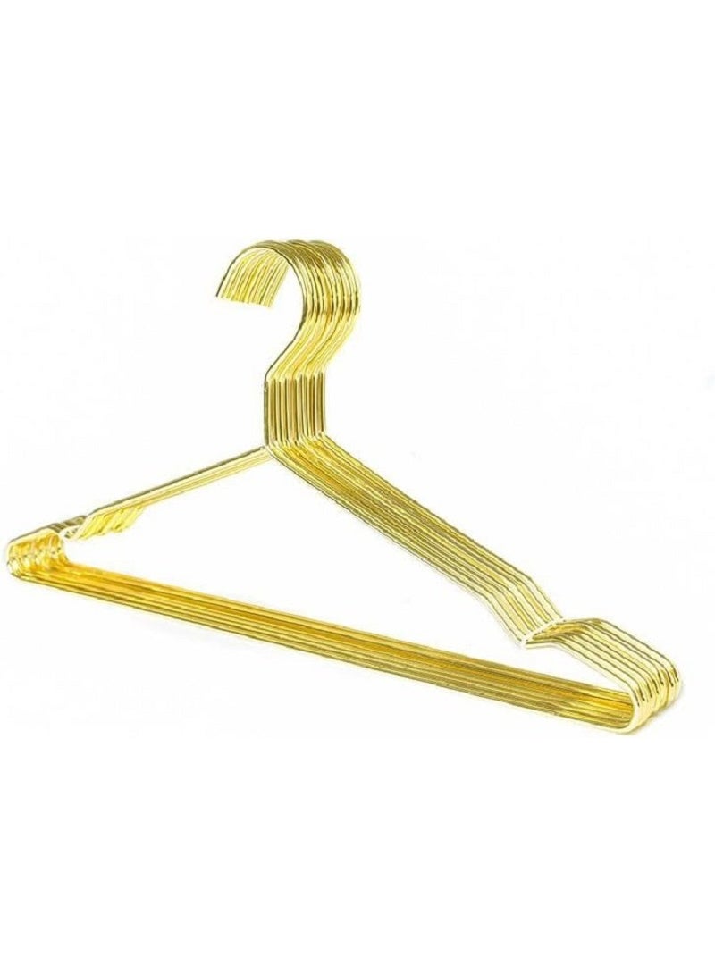 Pack of 10 gold metal hangers for stylishly organizing clothes. - Image 1