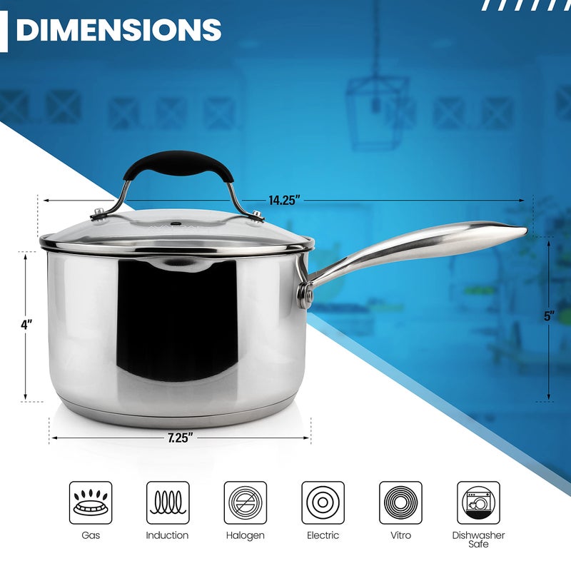 AVACraft وعاء طهي من الفولاذ المقاوم للصدأ AVACRAFT مع غطاء زجاجي مزود بمصفاة، وفتحتين جانبيتين لصب سهل مع مقبض مريح، وعاء صلصة متعدد الاستخدامات (قاعدة ثلاثية الطبقات، 2.5 لتر) - Image 2