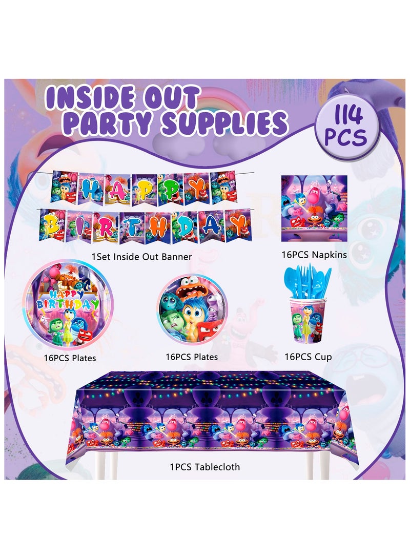 FRUITFUL PARTY Inside Out Birthday Decorations for 16 Guests, 112 Pcs Inside Out Theme Party Tableware Set - Inside Out Party Plates Napkins Tablecloth Inside Out Banner for Inside Out Party Decoration Supplies - Image 2