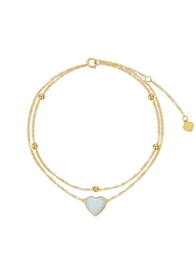 SISGEM 14K Solid Yellow Gold Heart Anklet for Women, Real Gold Layered Opal Anklet Bracelet Fine Jewelry Anniversary Birthday for Her, Wife, Mom, Girlfriend, 8''+2'' - Image 1