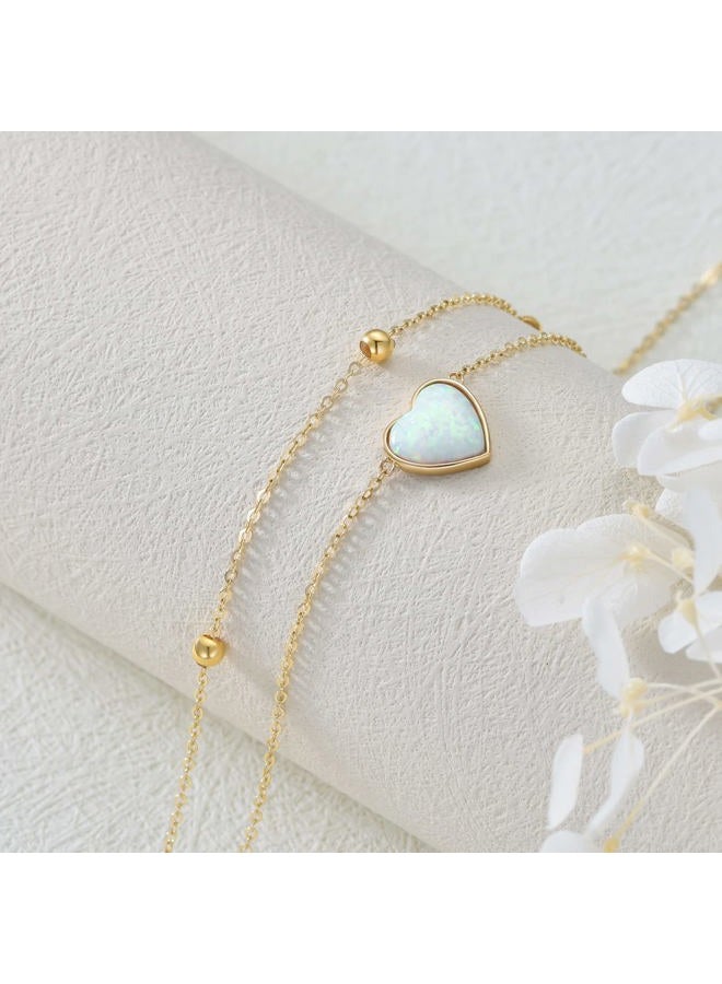 SISGEM 14K Solid Yellow Gold Heart Anklet for Women, Real Gold Layered Opal Anklet Bracelet Fine Jewelry Anniversary Birthday for Her, Wife, Mom, Girlfriend, 8''+2'' - Image 3