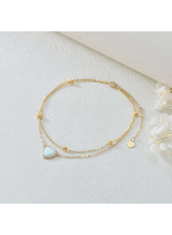 SISGEM 14K Solid Yellow Gold Heart Anklet for Women, Real Gold Layered Opal Anklet Bracelet Fine Jewelry Anniversary Birthday for Her, Wife, Mom, Girlfriend, 8''+2'' - Image 2