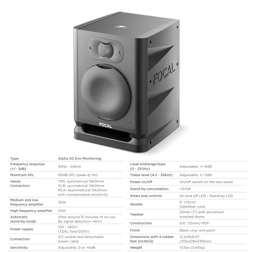 Focal Alpha 50 Evo – 5" Active 2-Way Studio Monitor, 60W RMS Bi-Amp, Slatefiber Woofer, 45Hz–22kHz, Neutral Nearfield Reference Speaker – Sold Individually - Image 3