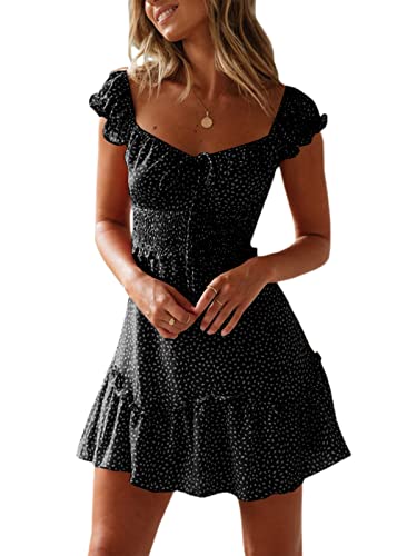 YOBECHO Women's Summer Ruffle Sleeve Sweetheart Neckline Printing Dress Mini Dress (Medium, Black) - Image 1