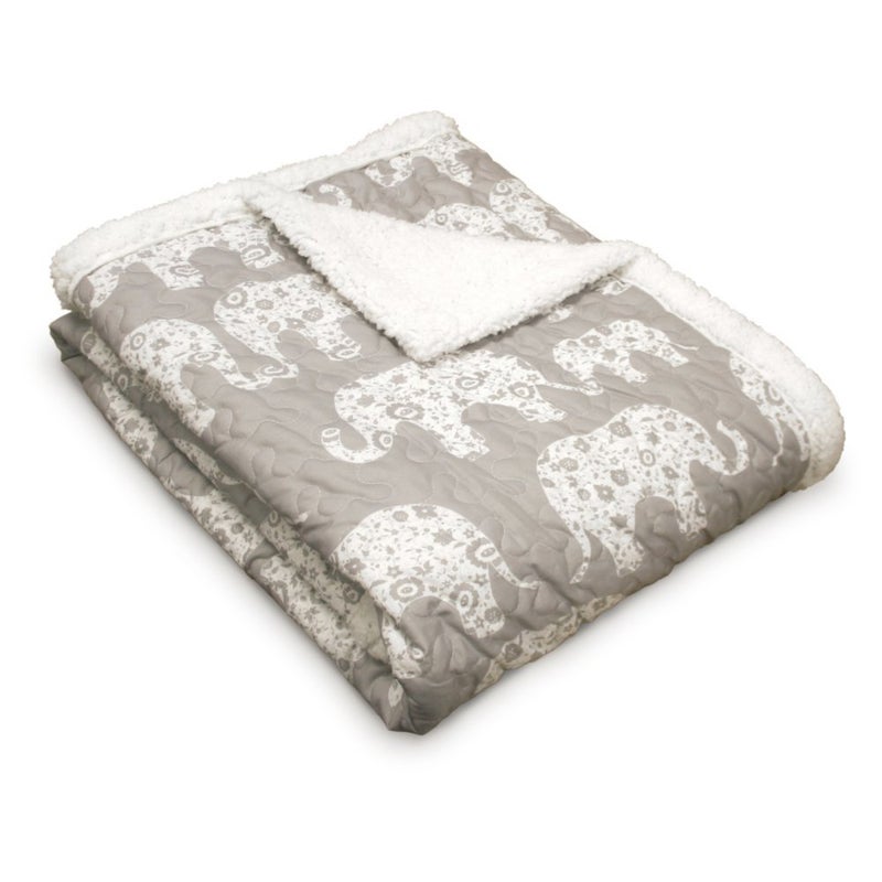 Lush Decor Lush Decor  Throw Reversible Sherpa Blanket Quilted Whimsical Design Animal Printed Ideal for Bed Couch or Chair Elephant Parade Gray 50 x 60 