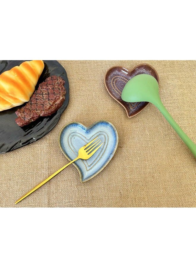 Rhobtyne Ceramic Spoon Rest for Stove Top, Heart Cute Spoon Rest for Kitchen Counter, Cooking Spoon Holder for Kitchen Counter, Utensil Rest Spatula Rest Ladle Holder Tong Rest (Retro Sea Blue) - Image 2
