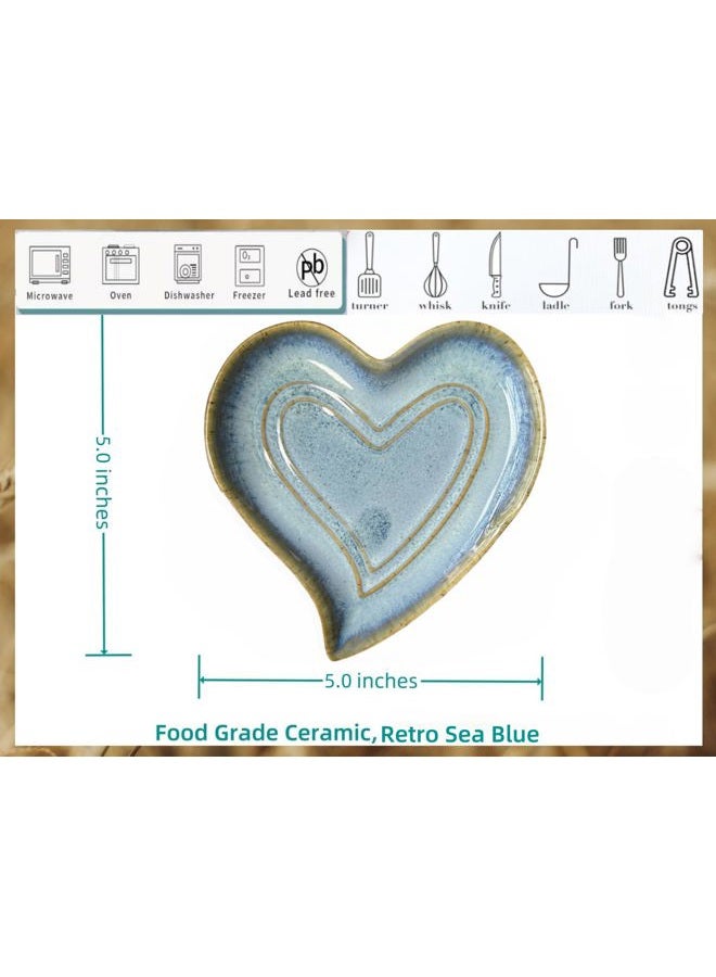 Rhobtyne Ceramic Spoon Rest for Stove Top, Heart Cute Spoon Rest for Kitchen Counter, Cooking Spoon Holder for Kitchen Counter, Utensil Rest Spatula Rest Ladle Holder Tong Rest (Retro Sea Blue) - Image 4