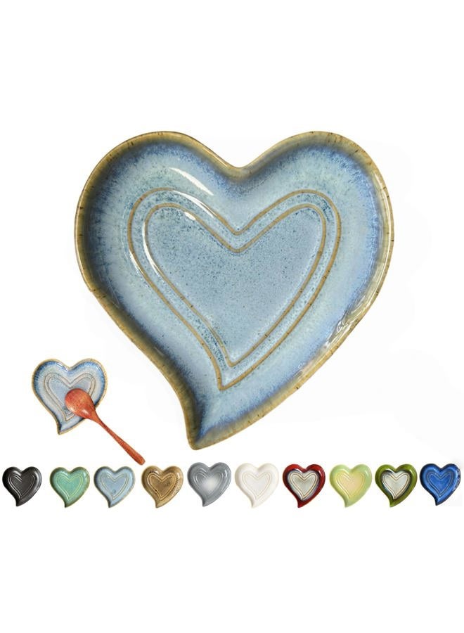 Rhobtyne Ceramic Spoon Rest for Stove Top, Heart Cute Spoon Rest for Kitchen Counter, Cooking Spoon Holder for Kitchen Counter, Utensil Rest Spatula Rest Ladle Holder Tong Rest (Retro Sea Blue) - Image 1