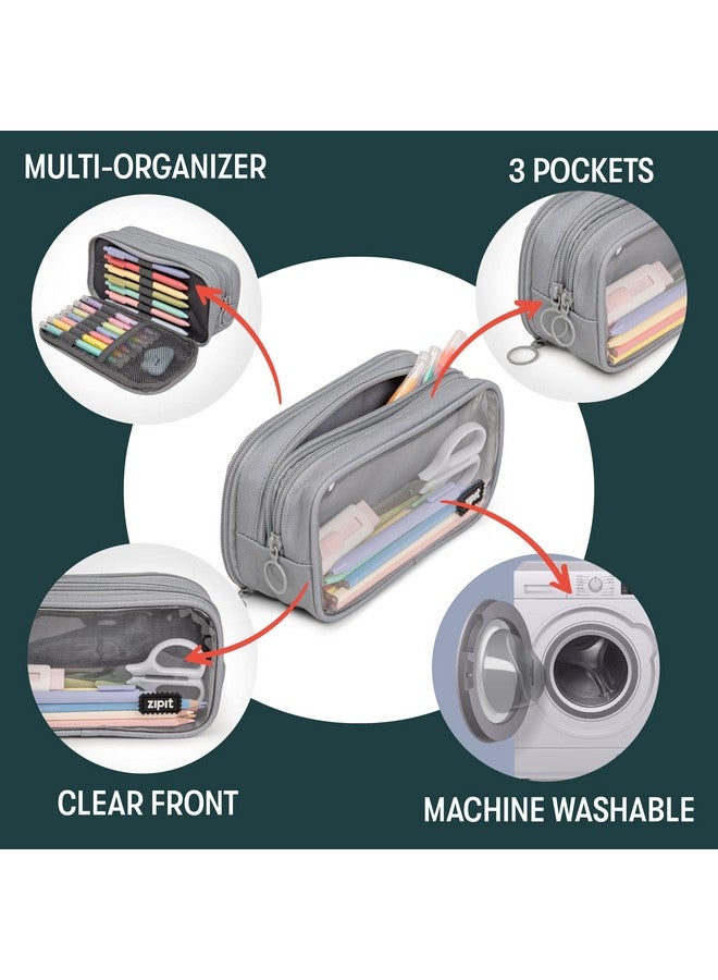 زيبيت حافظة أقلام ZIPIT نصف ونصف | حقيبة أقلام كبيرة السعة | حقيبة أقلام للمدرسة والجامعة والمكتب (رمادي) - Image 3