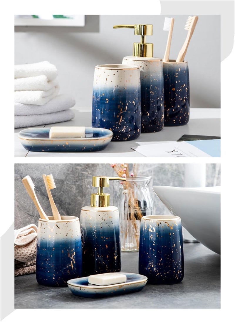 طقم ملحقات الحمام من السيراميك الرخامي، ديكور منزلي مع موزع صابون، حامل فرشاة أسنان، كوب، وصحن صابون، 4 قطع - Image 3