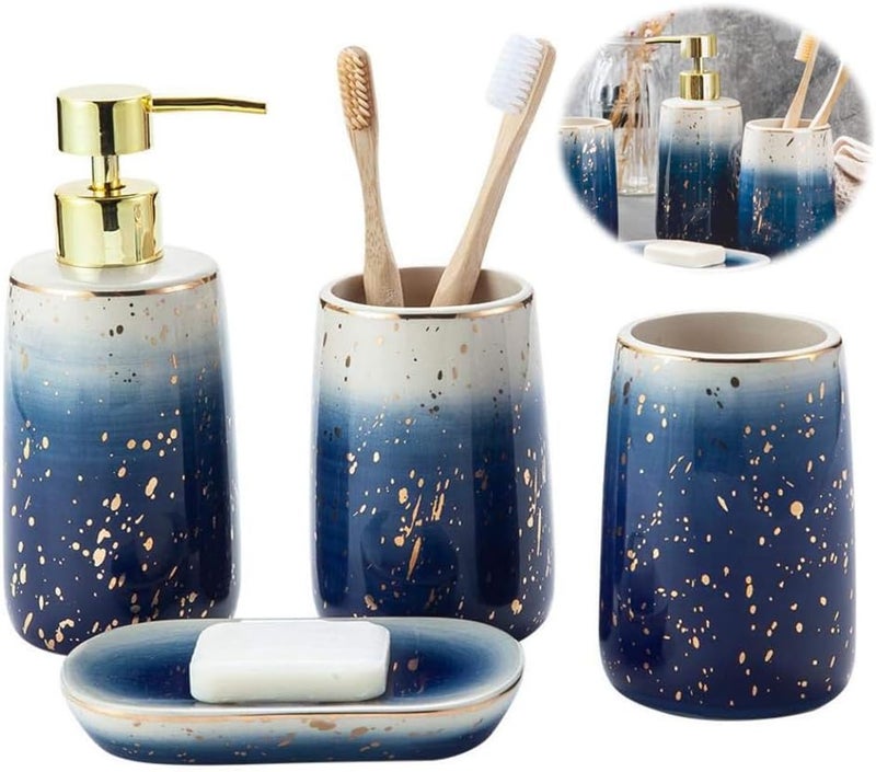 طقم ملحقات الحمام من السيراميك الرخامي، ديكور منزلي مع موزع صابون، حامل فرشاة أسنان، كوب، وصحن صابون، 4 قطع - Image 1