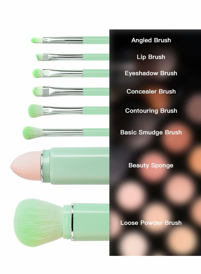 KASTWAVE Makeup Brush, 8 in 1 Travel Small Brush Portable, Lip Eyeshadow Beauty Sponge, Concealer brush, Foundation Blending Powder Brushes Retractable Sets, Light Green - Image 5