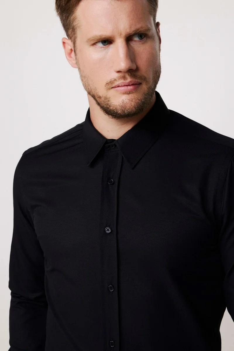 تودورس Modern Slim Fit Cotton Easy-Iron Dobby Black Men's Shirt
