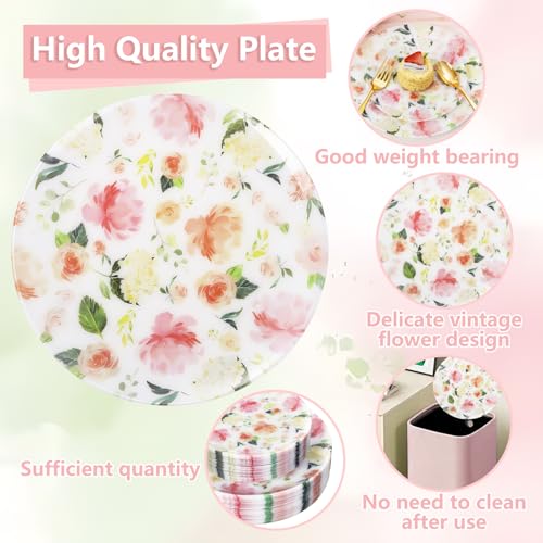 Joyido 60 PCS Floral Plastic Plates - Pink Disposable Decorative Plates Include 30 Dinner Plate, 30 Dessert Plate for Wedding & Tea Party & Spring - Image 3