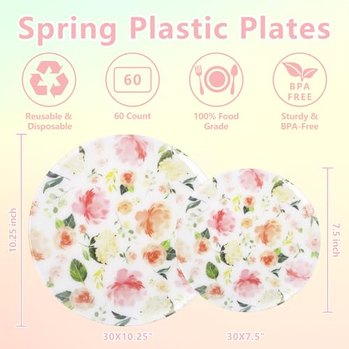 Joyido 60 PCS Floral Plastic Plates - Pink Disposable Decorative Plates Include 30 Dinner Plate, 30 Dessert Plate for Wedding & Tea Party & Spring - Image 2