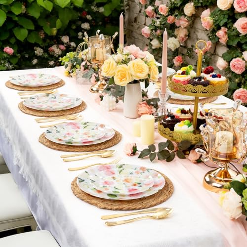 Joyido 60 PCS Floral Plastic Plates - Pink Disposable Decorative Plates Include 30 Dinner Plate, 30 Dessert Plate for Wedding & Tea Party & Spring - Image 5