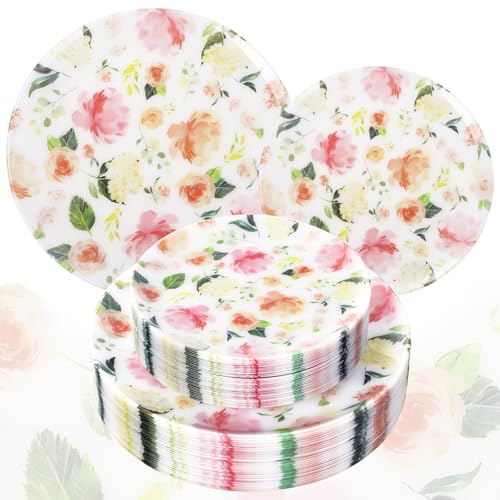 Joyido 60 PCS Floral Plastic Plates - Pink Disposable Decorative Plates Include 30 Dinner Plate, 30 Dessert Plate for Wedding & Tea Party & Spring - Image 1