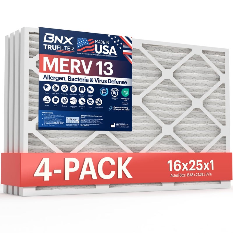 BNX TruFilter 16x25x1 Air Filter MERV 13 (4-Pack) - MADE IN USA - Electrostatic Pleated Air Conditioner HVAC AC Furnace Filters for Allergies, Pollen, Mold, Bacteria, Smoke, Allergen, MPR 1900 FPR 10 - Image 1