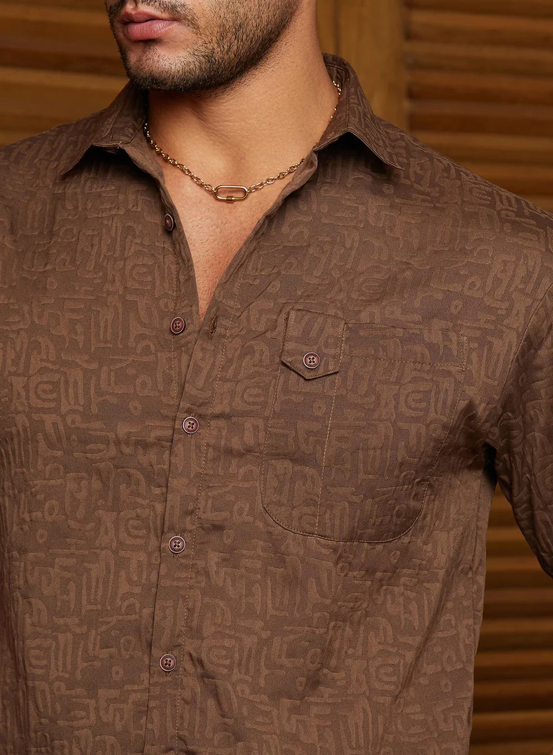 Campus Sutra Men's Chocolate Brown Aztec-Tactile Oversized Shirt