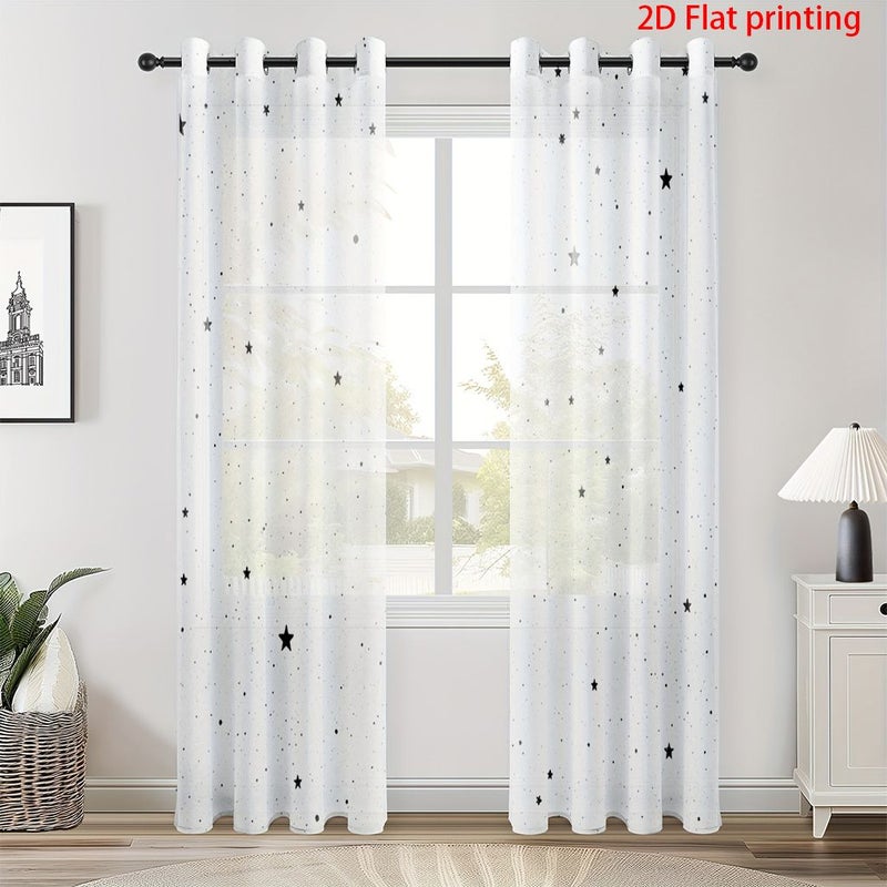 قطعتان من ستائر شفافة ذات طباعة ثنائية الأبعاد مقاس عرض 52 × ارتفاع 63 بوصة، بخلفية بيضاء مع نمط نجوم سوداء متناثرة، قماش كواندولي بوزن 100-120 غرام للمتر المربع، بدون حبال، شفافية واضحة لمناسب لمختلف أنواع الغرف. - Image 1