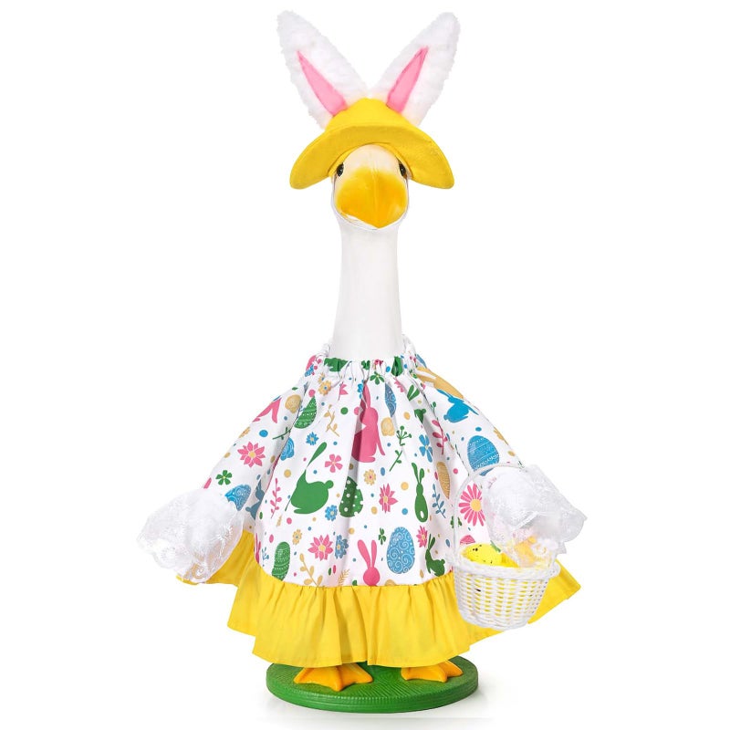 JcHrmers Easter Goose Outfit Bunny and Eggs Porch Goose Clothes Fits 23" Cement Plastic Goose Statue for Outdoor Garden Lawn Yard Patio Decor (Yellow) - Image 1