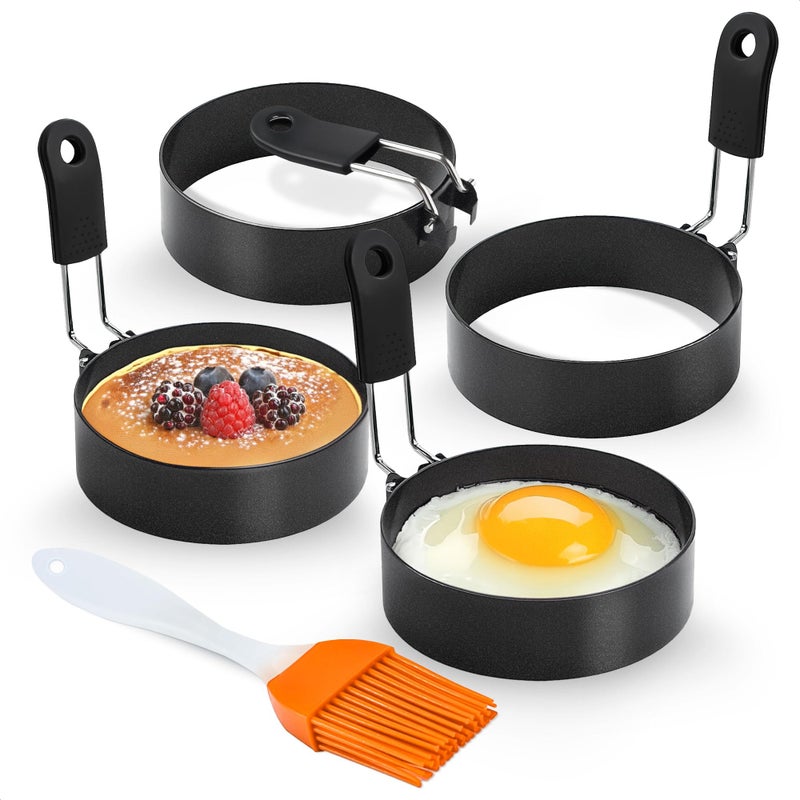 HYQO Egg Rings for Frying Eggs  4 Pcs Round Fried Egg Ring for Omelets  Pancakes Multipurpose Stainless Steel 289 Pancake Molds Easy to Use with Convenient Silicone Brush Foldable Handle
