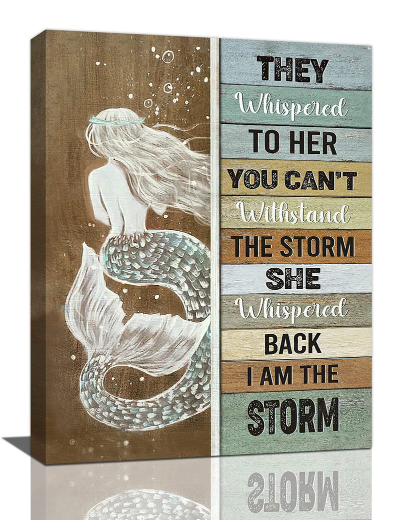 Mermaid Bathroom Decor Wall Art Vintage Girl Inspirational Quotes I Am The Storm Pictures Wall Decor Canvas Painting Prints Artwork Home Decorations Framed for Bedroom Kitchen Living Room 12"x16"