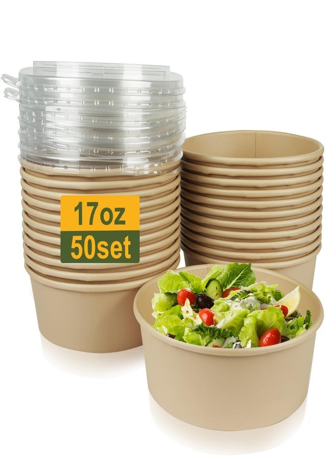 PakTalk 50 Pack Disposable Salad Bowls with Lids, 17oz Round Microwave-Safe Meal Prep Containers for Food Storage, BPA-Free Leakproof Heavy Duty Paper Bowls, Perfect for Parties, Picnics, Takeout - Image 1