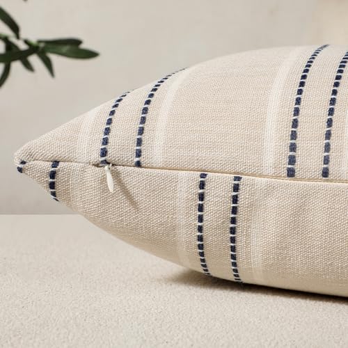 Hckot Decorative Navy Pillow Covers 18x18 Striped Throw Pillows Textured Linen Pillow Covers Farmhouse Decor Cushion Covers for Couch Bed Living Room Navy - Image 3