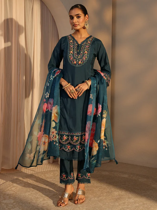 Libas Blue Embroidered Silk Blend A-Line Kurta with Trouser and Dupatta Set