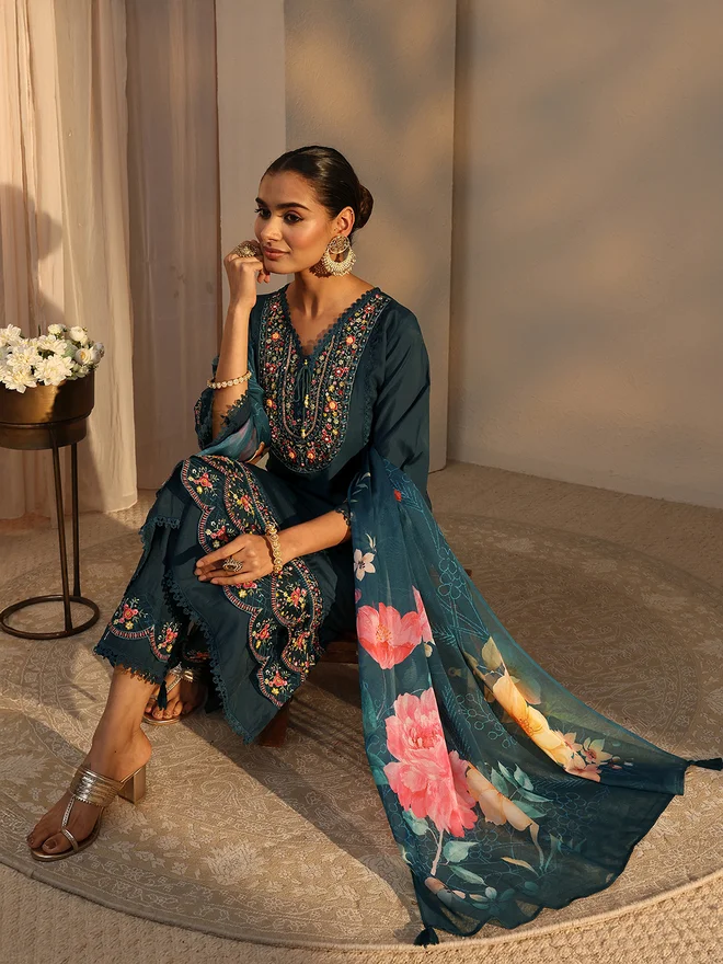 Libas Blue Embroidered Silk Blend A-Line Kurta with Trouser and Dupatta Set