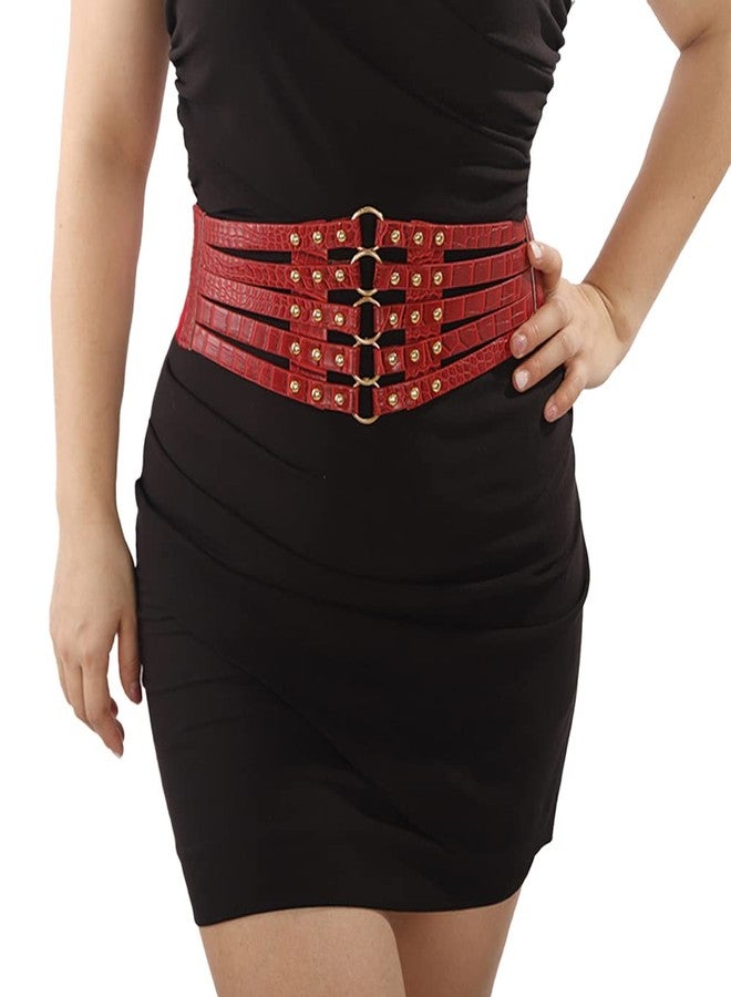 ويوپار حزام خصر مطاطي من الجلد الصناعي للنساء من Wiwpar، حزام عريض مناسب لأزياء الهالوين، مجوهرات أزياء بوهيمية، أحزمة جينز عتيقة الطراز، أحزمة جينز مناسبة لفساتين عيد الميلاد (أحمر) - Image 1