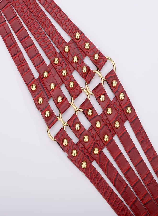 ويوپار حزام خصر مطاطي من الجلد الصناعي للنساء من Wiwpar، حزام عريض مناسب لأزياء الهالوين، مجوهرات أزياء بوهيمية، أحزمة جينز عتيقة الطراز، أحزمة جينز مناسبة لفساتين عيد الميلاد (أحمر) - Image 5