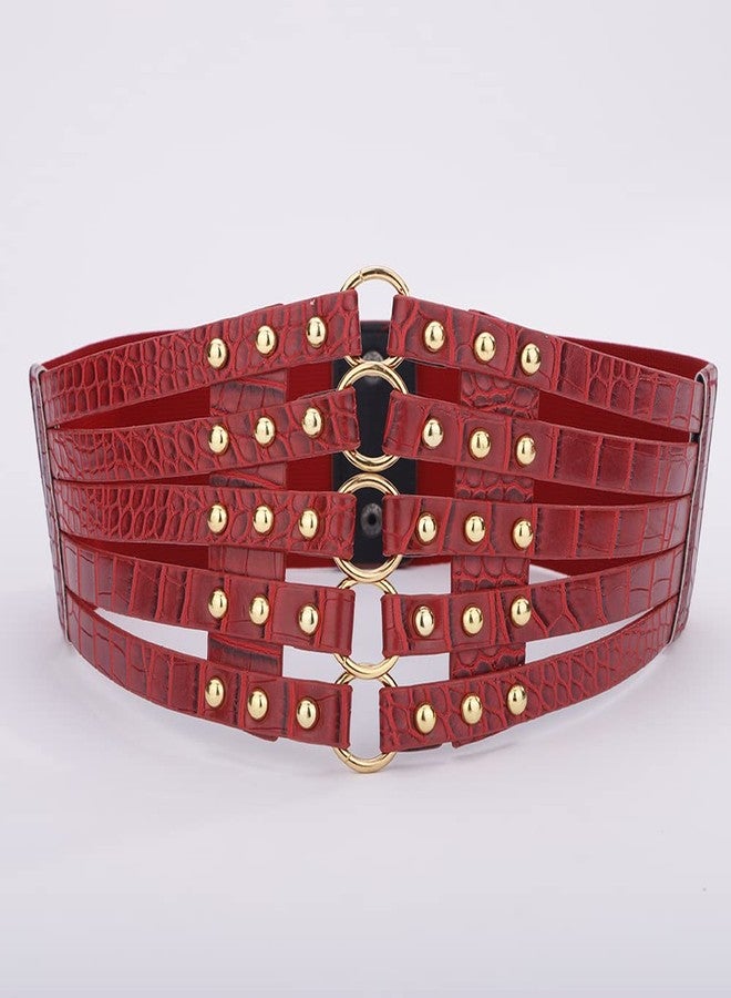 ويوپار حزام خصر مطاطي من الجلد الصناعي للنساء من Wiwpar، حزام عريض مناسب لأزياء الهالوين، مجوهرات أزياء بوهيمية، أحزمة جينز عتيقة الطراز، أحزمة جينز مناسبة لفساتين عيد الميلاد (أحمر) - Image 4