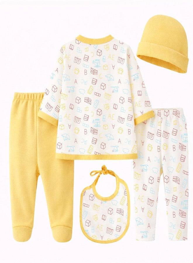 Kidbee Baby Clothing Gift Set for Boys & Girls, 5 Piece Newborn Clothing Combo with Front Open Top, Pajama, Printed Pant, Cap & Bib, Soft Cotton, 0–6 Months Baby (Yellow-CMB-501) - Image 3