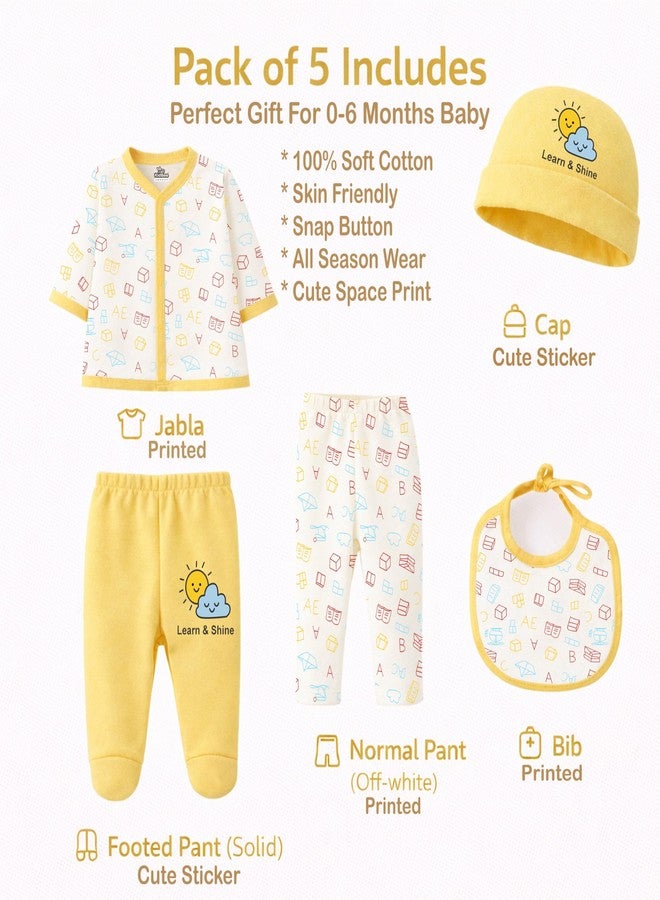 Kidbee Baby Clothing Gift Set for Boys & Girls, 5 Piece Newborn Clothing Combo with Front Open Top, Pajama, Printed Pant, Cap & Bib, Soft Cotton, 0–6 Months Baby (Yellow-CMB-501) - Image 5