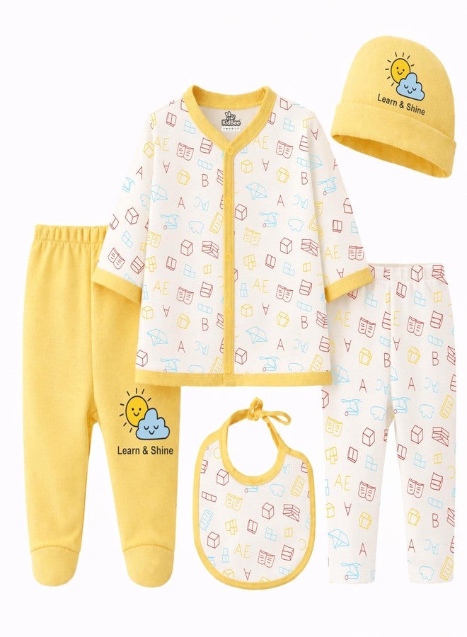 Kidbee Baby Clothing Gift Set for Boys & Girls, 5 Piece Newborn Clothing Combo with Front Open Top, Pajama, Printed Pant, Cap & Bib, Soft Cotton, 0–6 Months Baby (Yellow-CMB-501) - Image 2