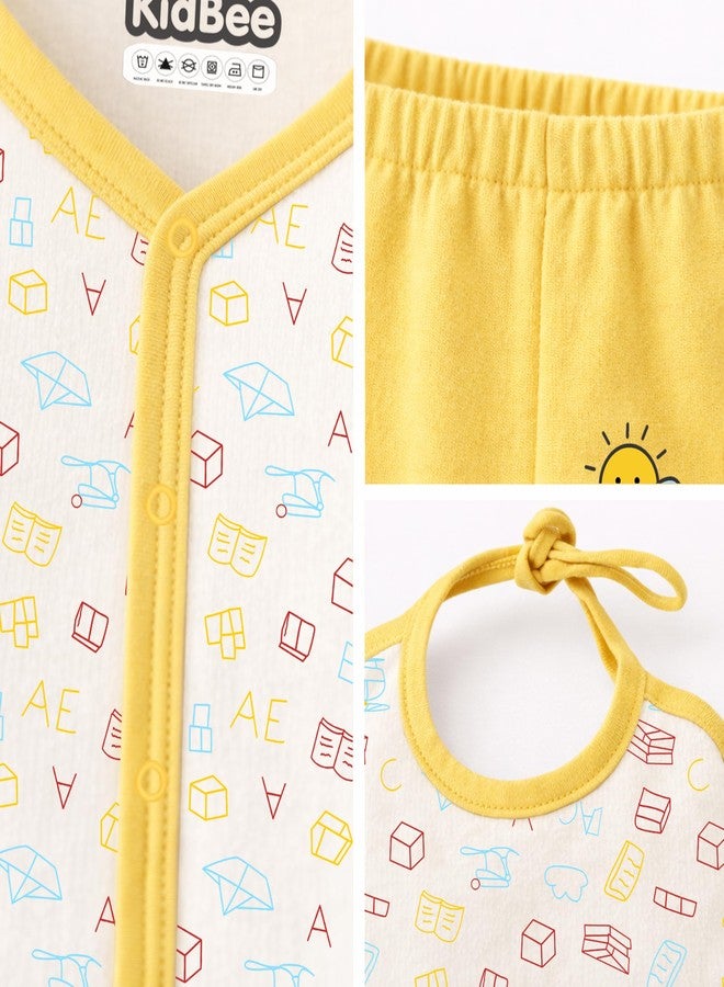 Kidbee Baby Clothing Gift Set for Boys & Girls, 5 Piece Newborn Clothing Combo with Front Open Top, Pajama, Printed Pant, Cap & Bib, Soft Cotton, 0–6 Months Baby (Yellow-CMB-501) - Image 4