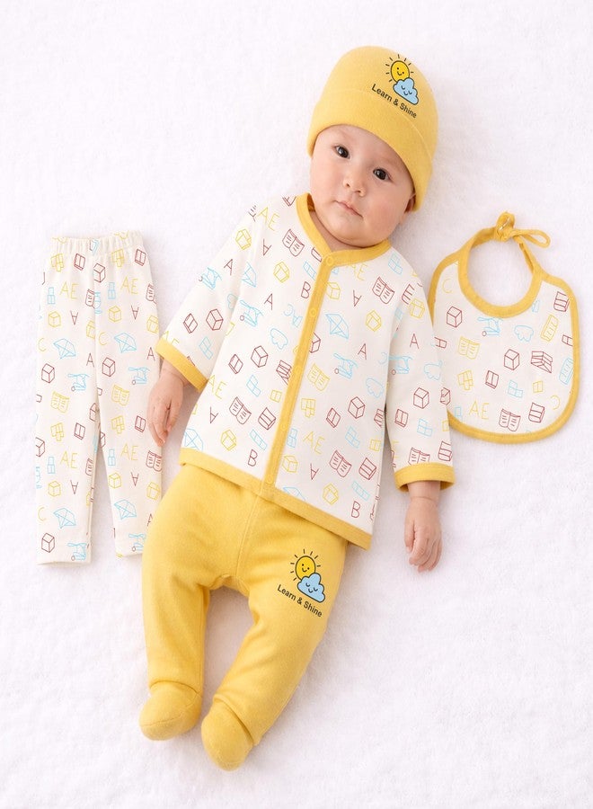 Kidbee Baby Clothing Gift Set for Boys & Girls, 5 Piece Newborn Clothing Combo with Front Open Top, Pajama, Printed Pant, Cap & Bib, Soft Cotton, 0–6 Months Baby (Yellow-CMB-501) - Image 1