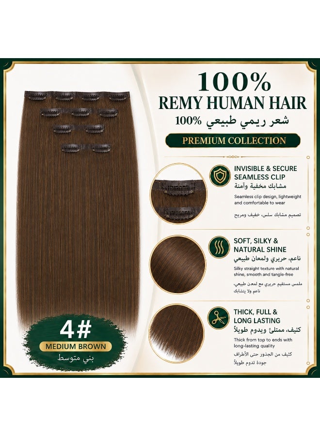 Richcoco Rich Coco Seamless Clip In Hair Extensions 4PCS 100% Human Hair Medium Brown 4# Straight Hair Extensions Soft Silky Thick Full Head Invisible Easy Install Long Lasting Hair Extensions for Women - Image 1