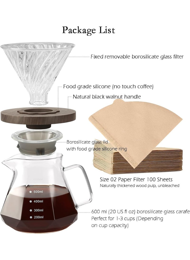 BIGTHREE Pour Over Coffee Maker Set, 600ml Glass Coffee Pot, Glass Coffee Dripper with Wood Stand Drippe, Portable Coffee Dripper Brewer for Home Cafe Restaurant Camping(with 100 pcs Paper Filter) - Image 5