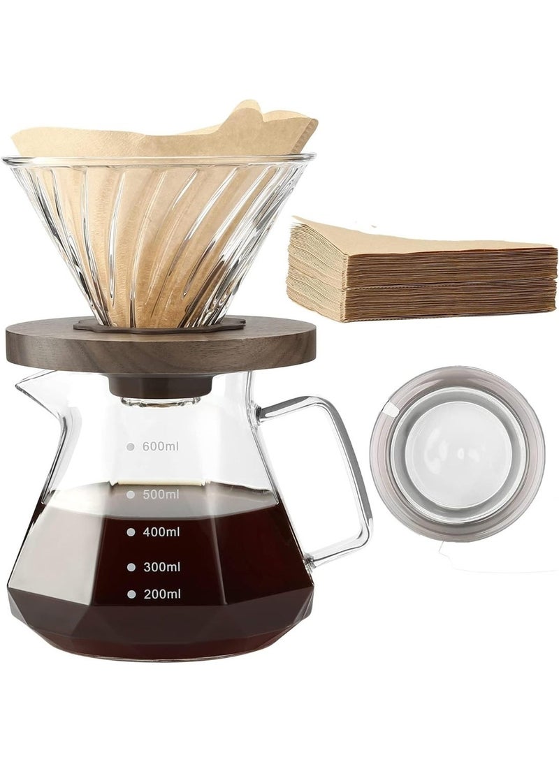 BIGTHREE Pour Over Coffee Maker Set, 600ml Glass Coffee Pot, Glass Coffee Dripper with Wood Stand Drippe, Portable Coffee Dripper Brewer for Home Cafe Restaurant Camping(with 100 pcs Paper Filter) - Image 1