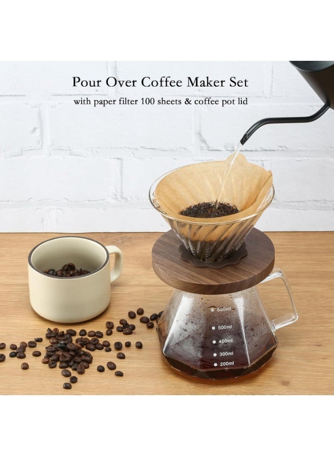 BIGTHREE Pour Over Coffee Maker Set, 600ml Glass Coffee Pot, Glass Coffee Dripper with Wood Stand Drippe, Portable Coffee Dripper Brewer for Home Cafe Restaurant Camping(with 100 pcs Paper Filter) - Image 4