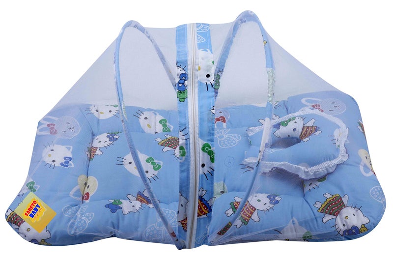 Fareto Baby Folding Teddy Print Mattress with Mosquito Net(0-6 Months) (Blue)(Size: L-34Inchs, B-22Inchs) - Image 2